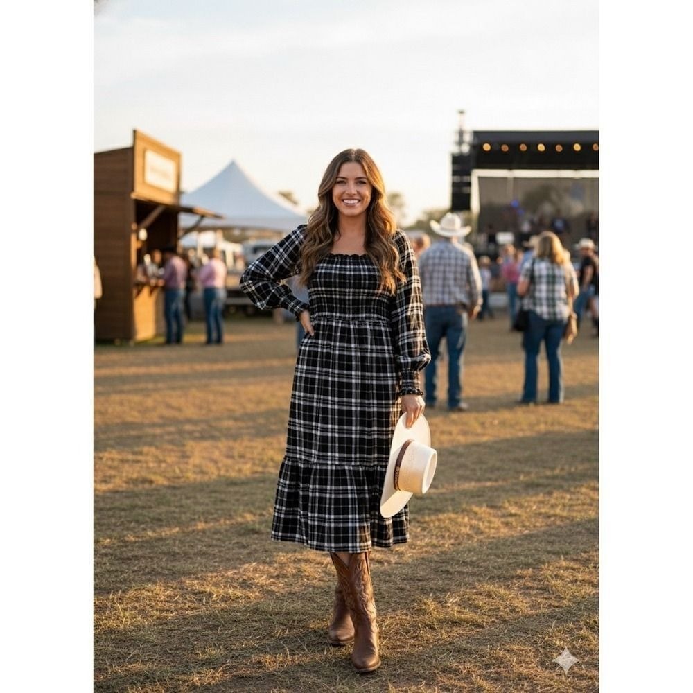 Lucky Brand Black Plaid Smocked Midi Dress Grunge Cottagecore Long Sleeve NWT